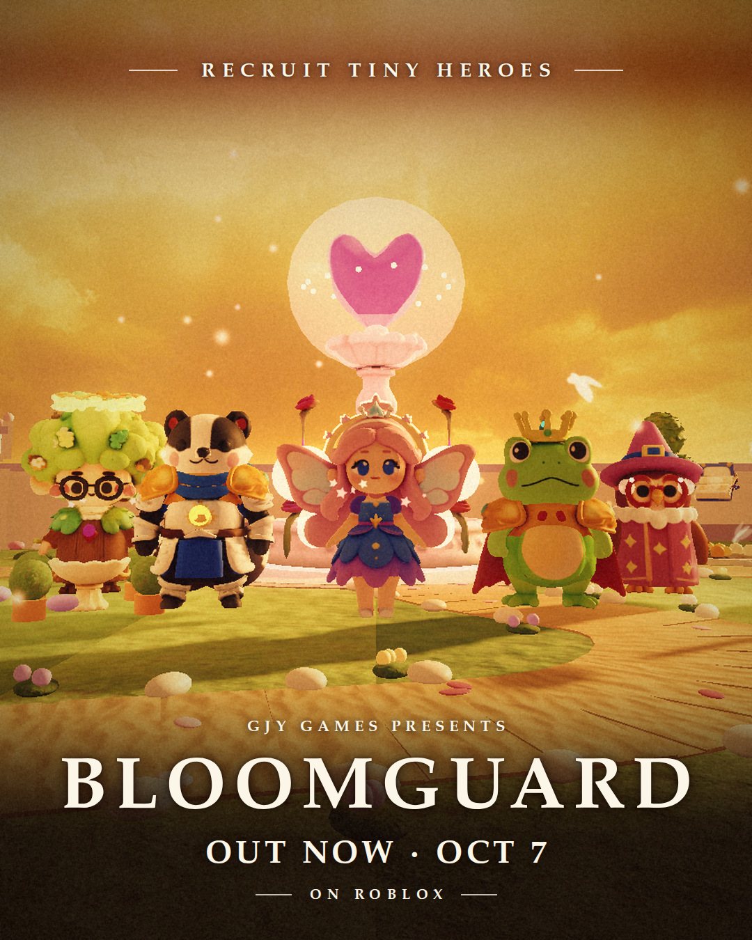 Bloomguard poster: five tiny heroes stand in a line in front of the glowing Heart Blossom at sunset. It reads: Recruit tiny heroes. GJY Games presents Bloomguard. Out now, Oct 7, on Roblox.