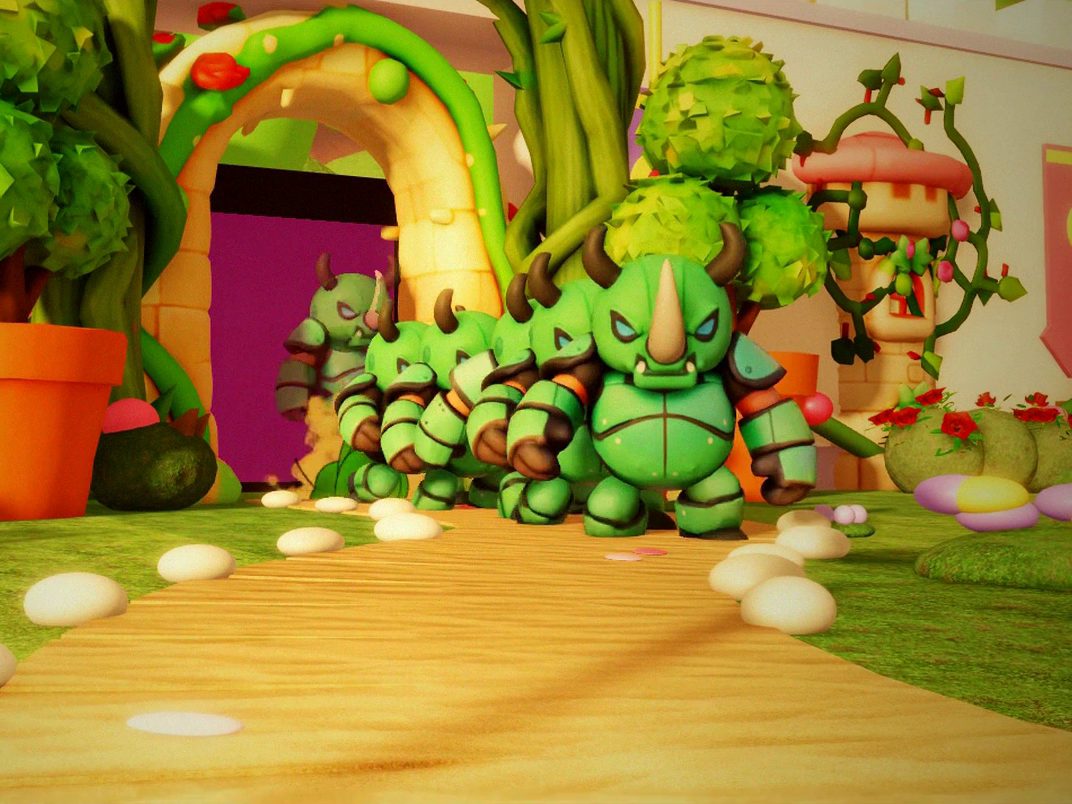 Armoured green beetles march out of a garden archway toward the camera.